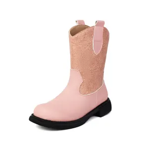 Women's Patchwork Round Toe Flat Platform Mid Calf Western Boots