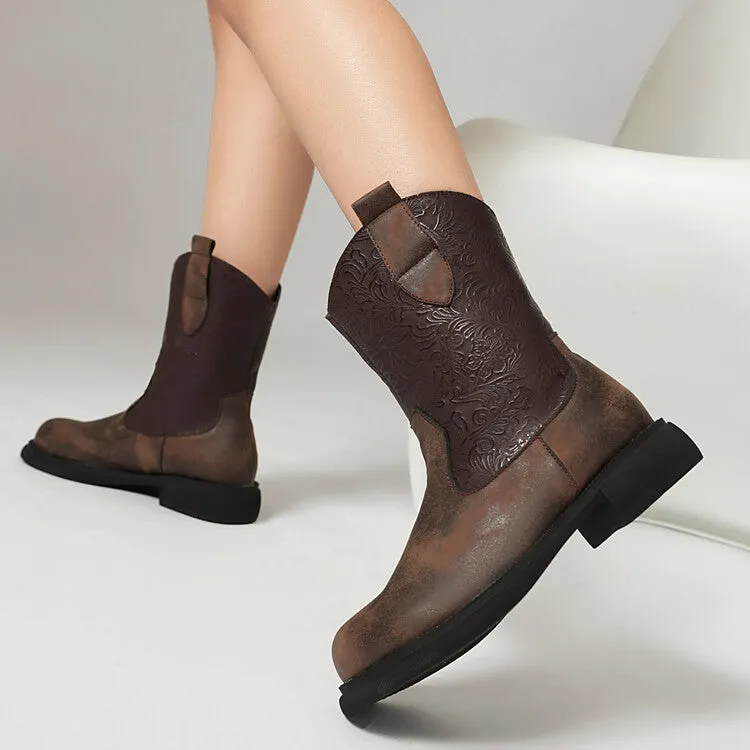 Women's Patchwork Round Toe Flat Platform Mid Calf Western Boots