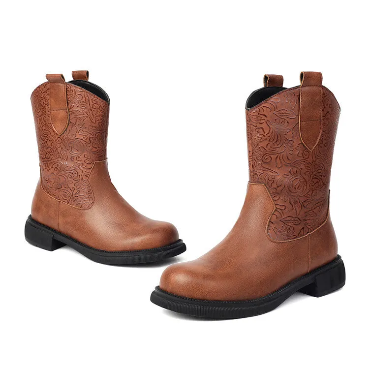 Women's Patchwork Round Toe Flat Platform Mid Calf Western Boots
