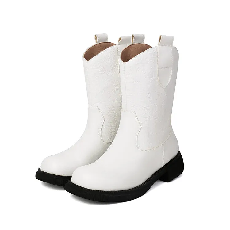 Women's Patchwork Round Toe Flat Platform Mid Calf Western Boots