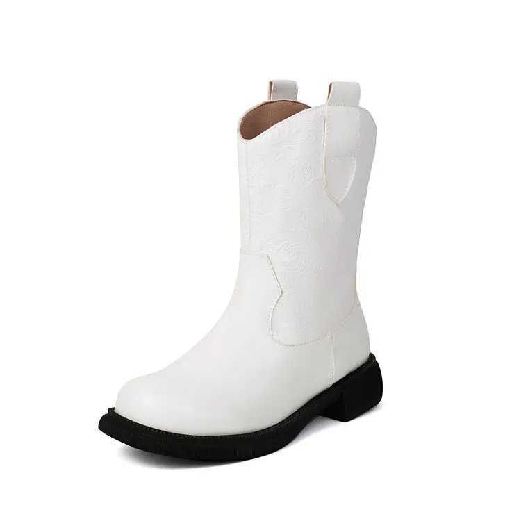 Women's Patchwork Round Toe Flat Platform Mid Calf Western Boots