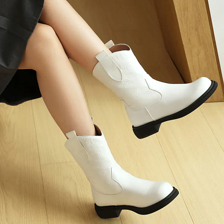 Women's Patchwork Round Toe Flat Platform Mid Calf Western Boots