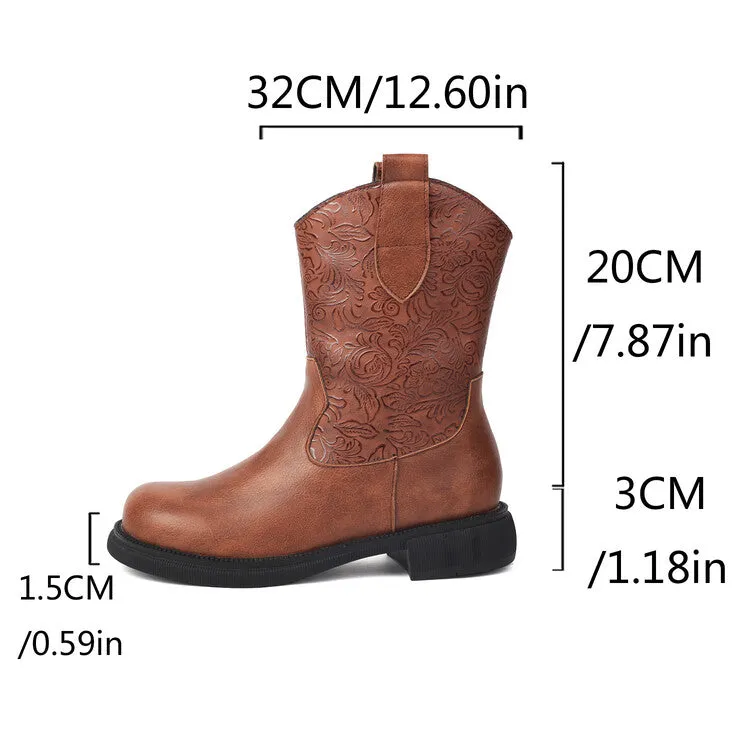 Women's Patchwork Round Toe Flat Platform Mid Calf Western Boots