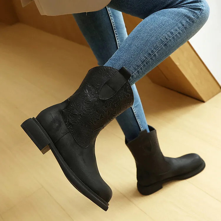 Women's Patchwork Round Toe Flat Platform Mid Calf Western Boots
