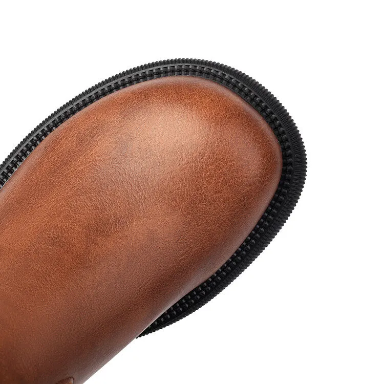 Women's Patchwork Round Toe Flat Platform Mid Calf Western Boots