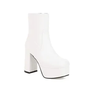 Women's Pu Leather Side Zippers Block Chunky Heel Platform Short Boots