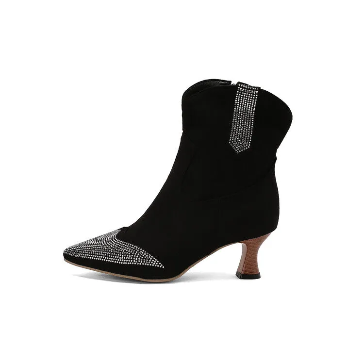 Women's Rhinestone Pointed Toe Hoof Heel Ankle Boots