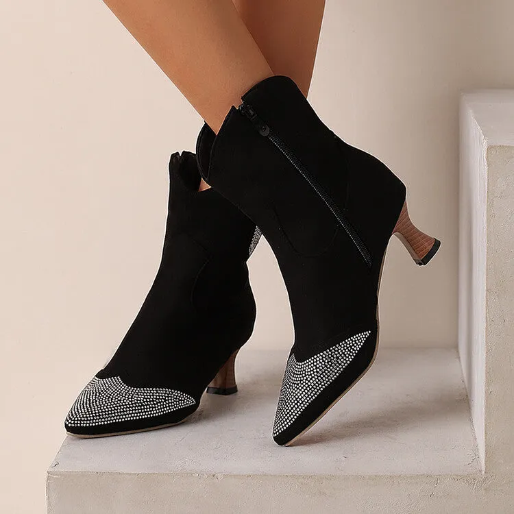 Women's Rhinestone Pointed Toe Hoof Heel Ankle Boots