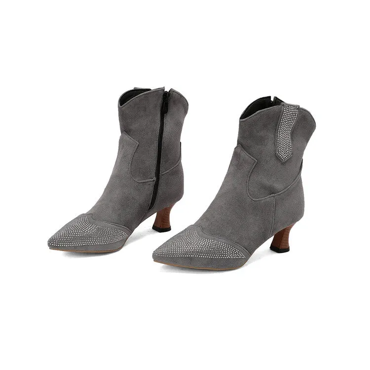Women's Rhinestone Pointed Toe Hoof Heel Ankle Boots