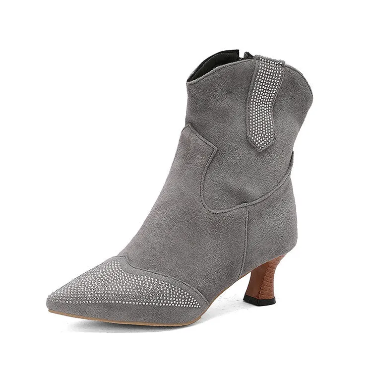 Women's Rhinestone Pointed Toe Hoof Heel Ankle Boots