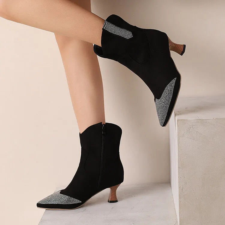Women's Rhinestone Pointed Toe Hoof Heel Ankle Boots