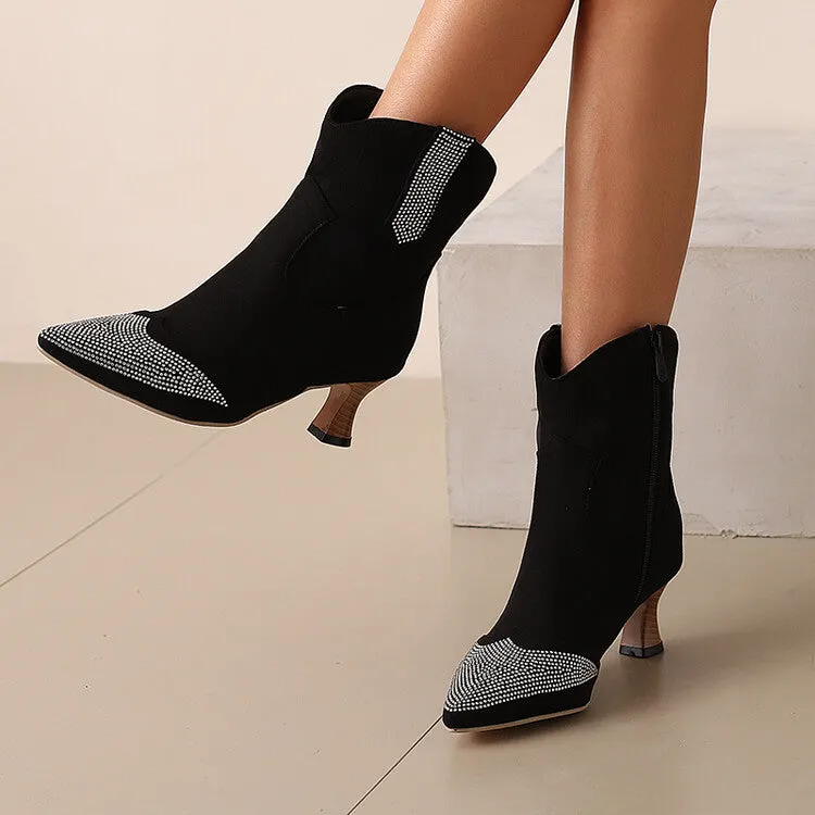 Women's Rhinestone Pointed Toe Hoof Heel Ankle Boots