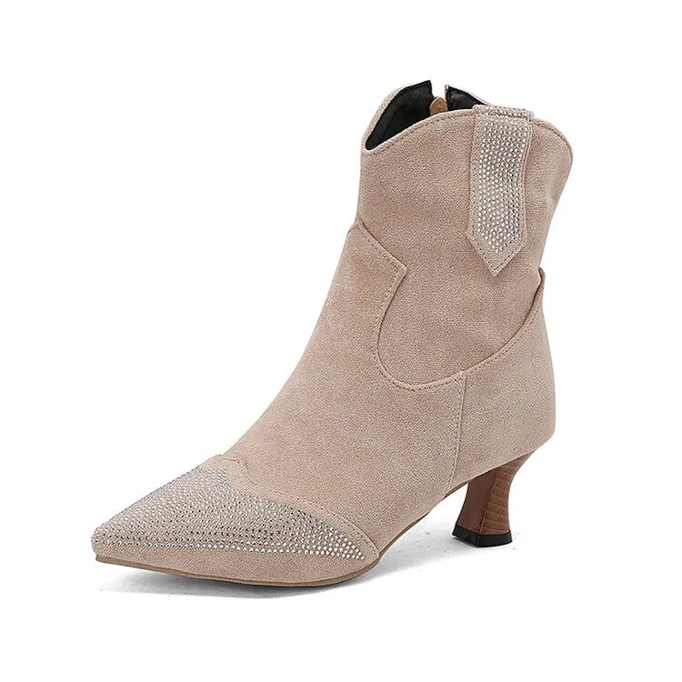 Women's Rhinestone Pointed Toe Hoof Heel Ankle Boots