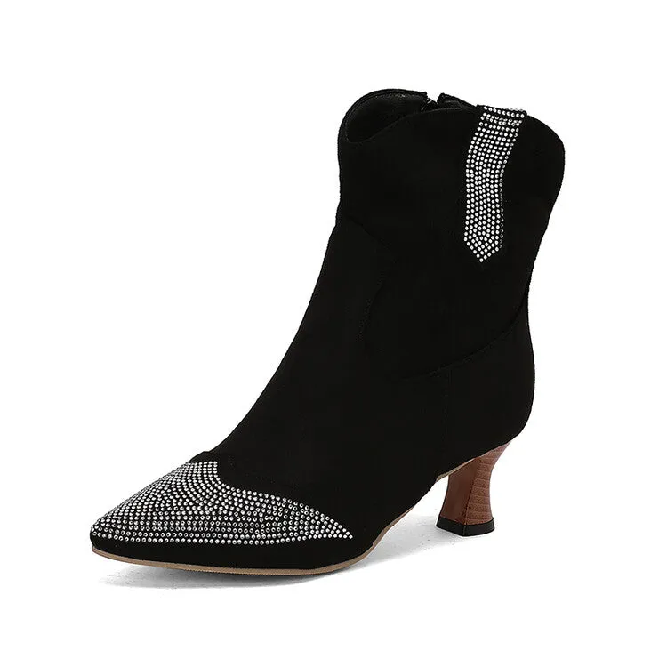 Women's Rhinestone Pointed Toe Hoof Heel Ankle Boots