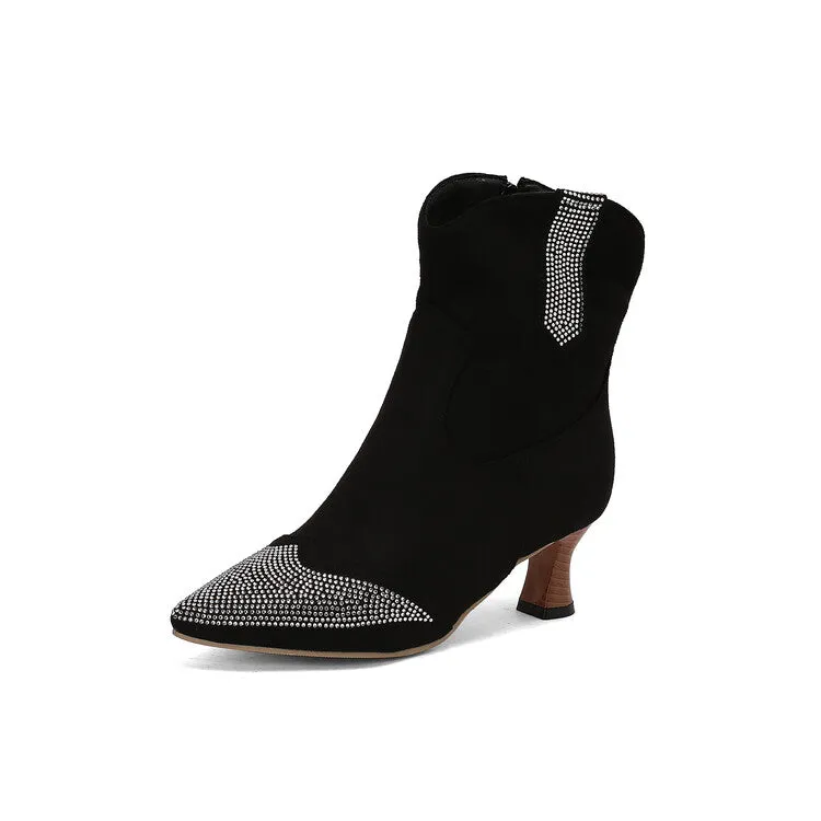 Women's Rhinestone Pointed Toe Hoof Heel Ankle Boots