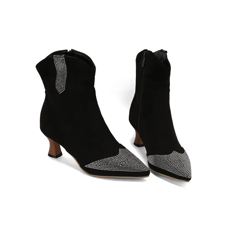 Women's Rhinestone Pointed Toe Hoof Heel Ankle Boots
