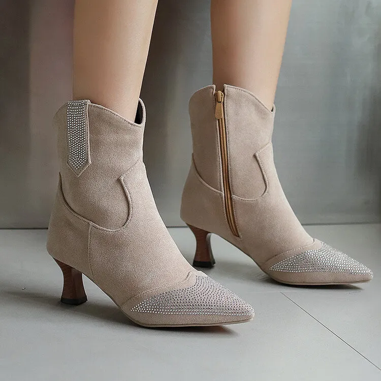 Women's Rhinestone Pointed Toe Hoof Heel Ankle Boots