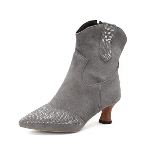 Women's Rhinestone Pointed Toe Hoof Heel Ankle Boots