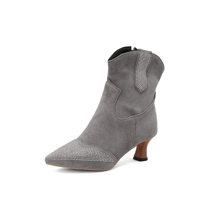 Women's Rhinestone Pointed Toe Hoof Heel Ankle Boots