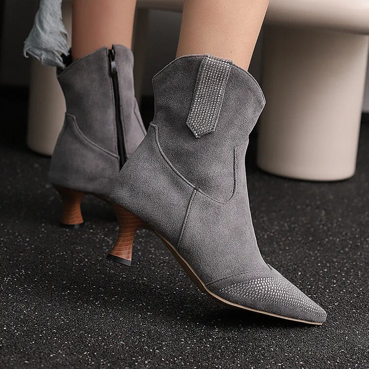 Women's Rhinestone Pointed Toe Hoof Heel Ankle Boots