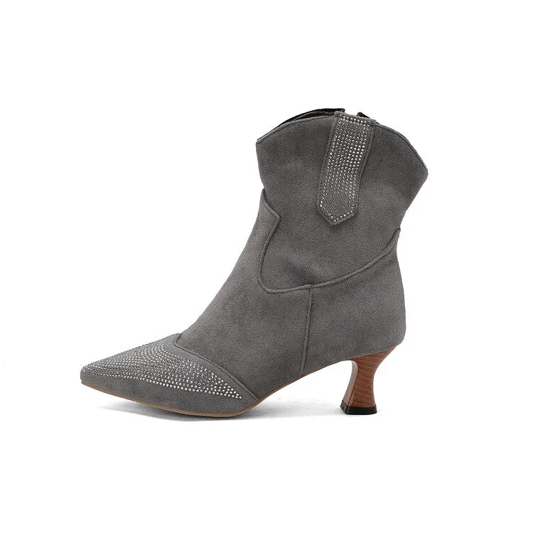 Women's Rhinestone Pointed Toe Hoof Heel Ankle Boots