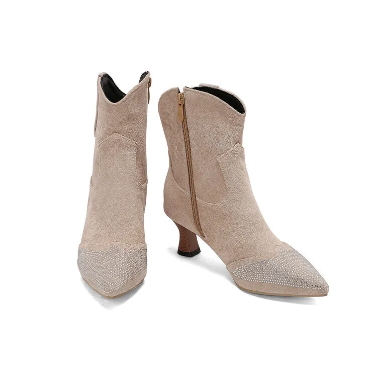 Women's Rhinestone Pointed Toe Hoof Heel Ankle Boots