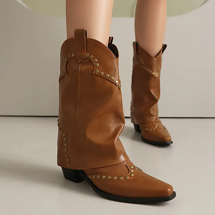 Women's Rivets Pointed Toe Block Heel Mid Calf Western Boots