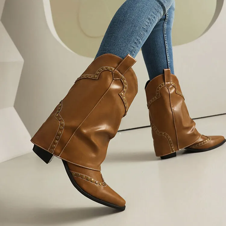 Women's Rivets Pointed Toe Block Heel Mid Calf Western Boots