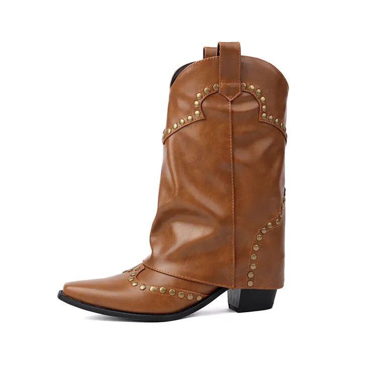Women's Rivets Pointed Toe Block Heel Mid Calf Western Boots