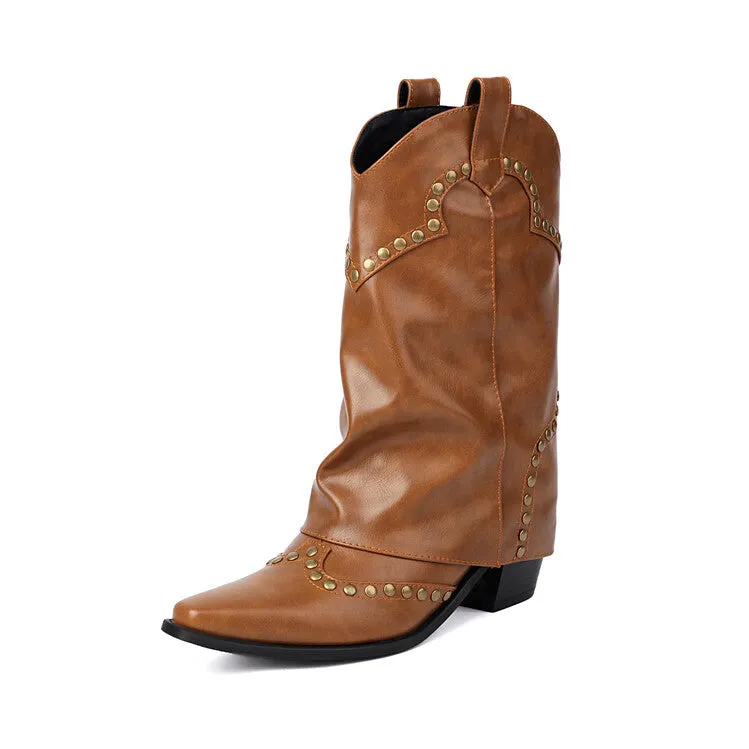 Women's Rivets Pointed Toe Block Heel Mid Calf Western Boots