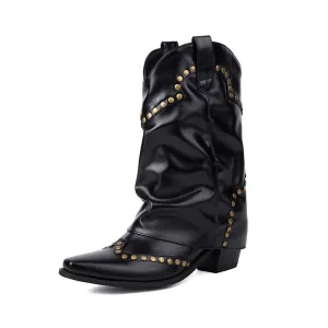 Women's Rivets Pointed Toe Block Heel Mid Calf Western Boots