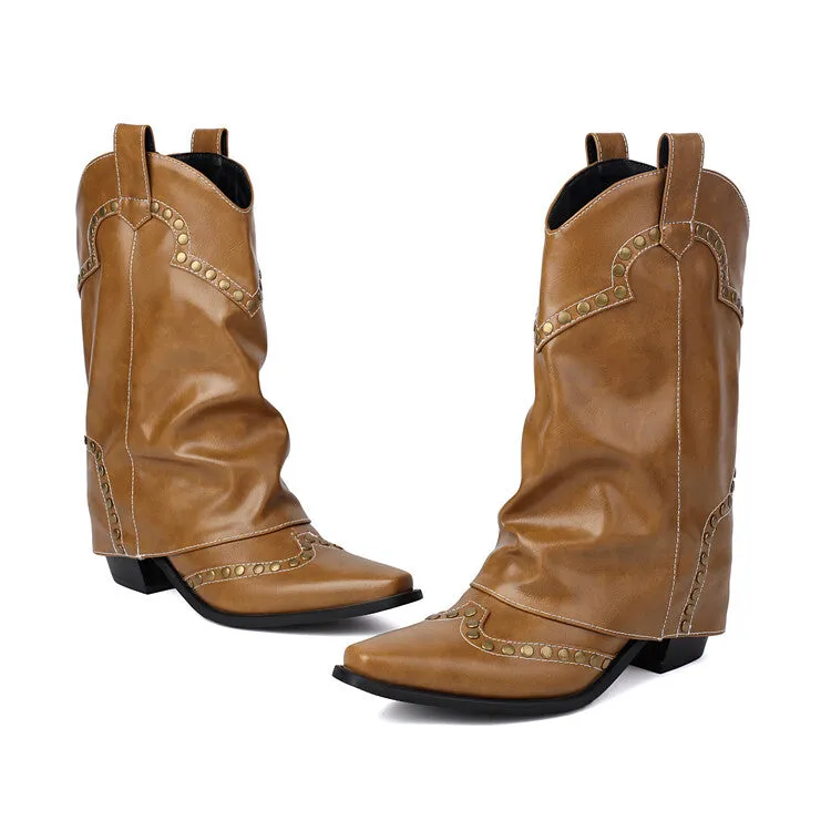 Women's Rivets Pointed Toe Block Heel Mid Calf Western Boots