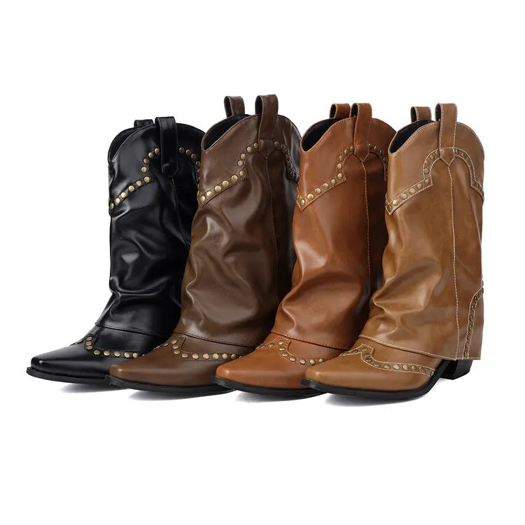 Women's Rivets Pointed Toe Block Heel Mid Calf Western Boots