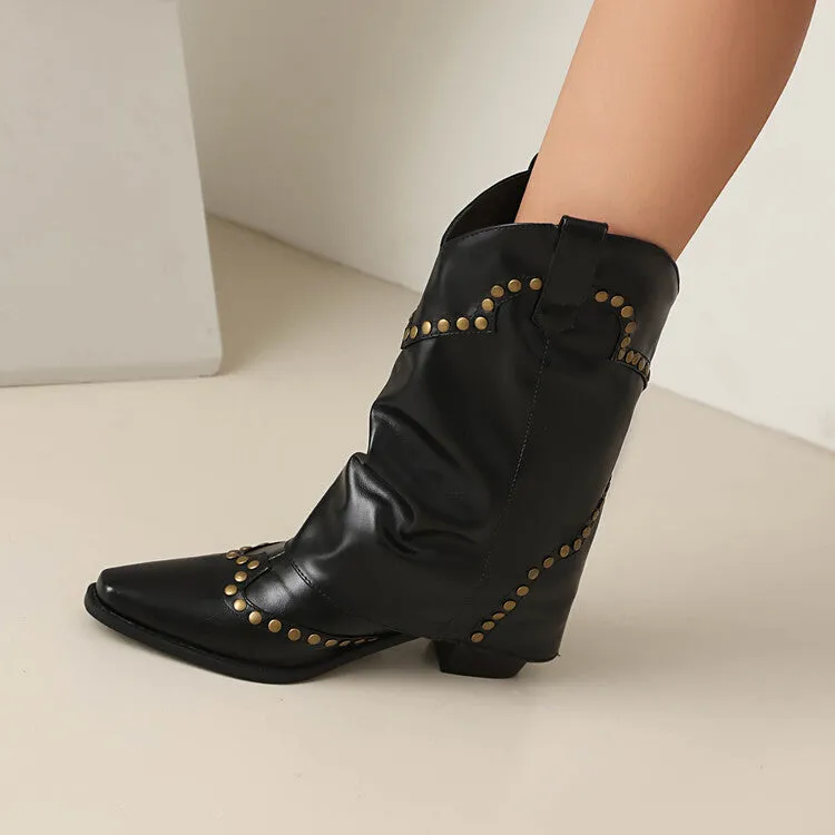Women's Rivets Pointed Toe Block Heel Mid Calf Western Boots