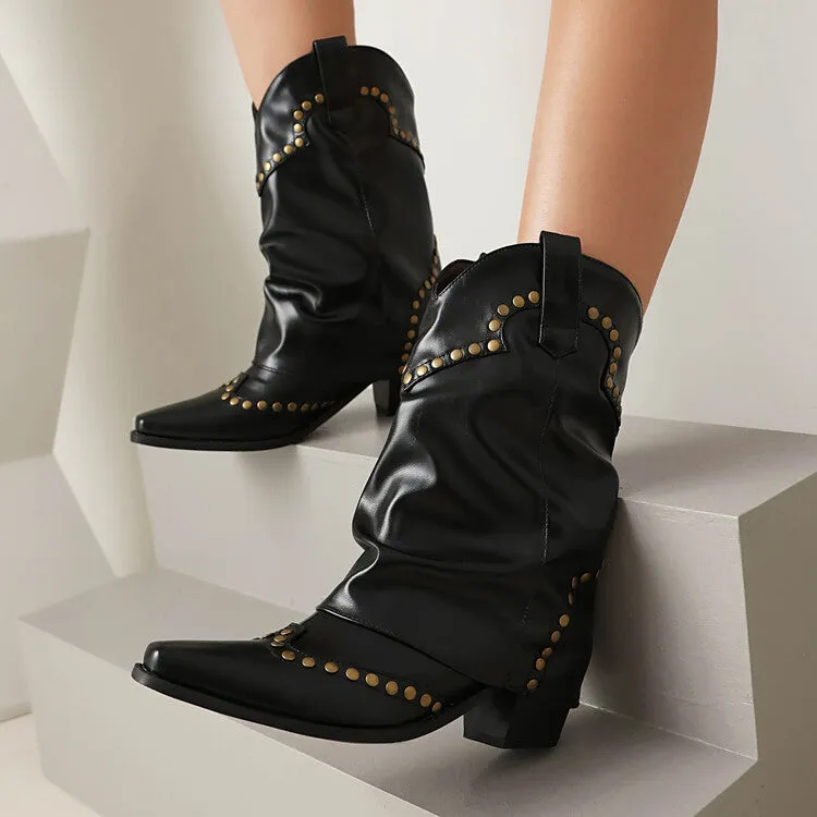 Women's Rivets Pointed Toe Block Heel Mid Calf Western Boots