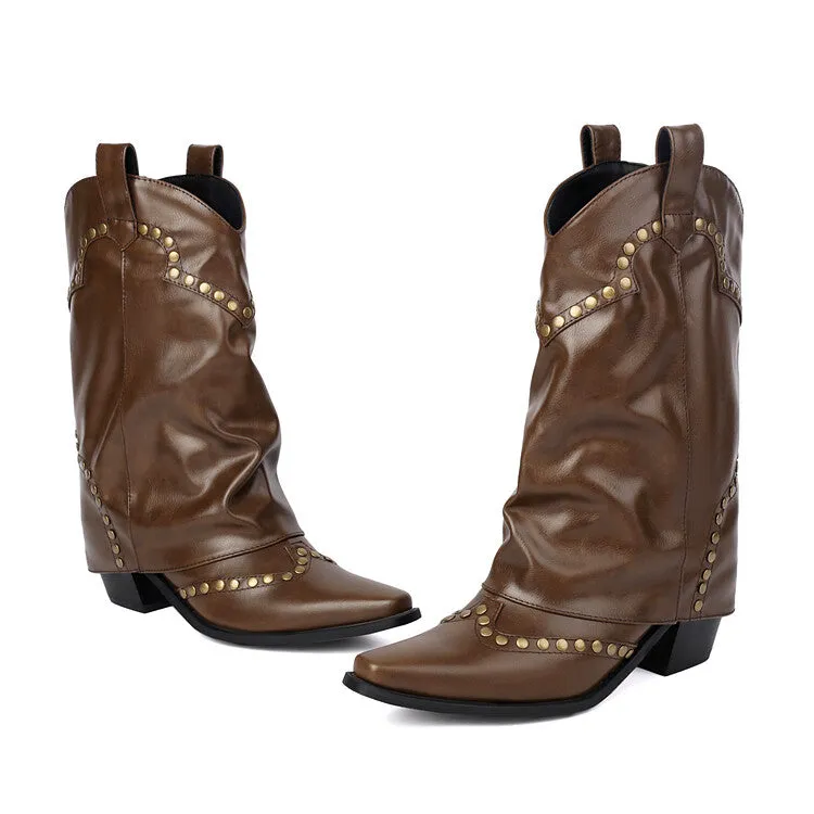 Women's Rivets Pointed Toe Block Heel Mid Calf Western Boots