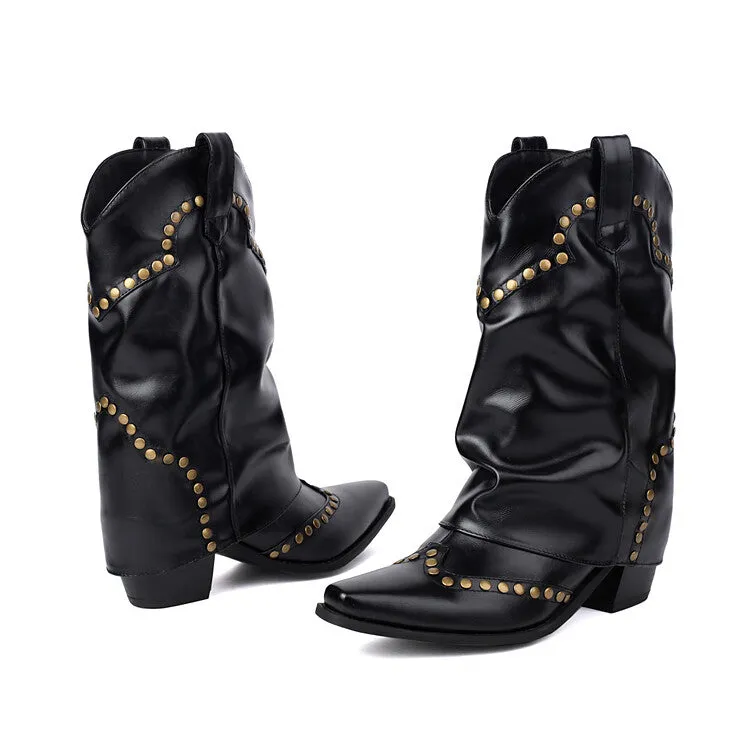 Women's Rivets Pointed Toe Block Heel Mid Calf Western Boots
