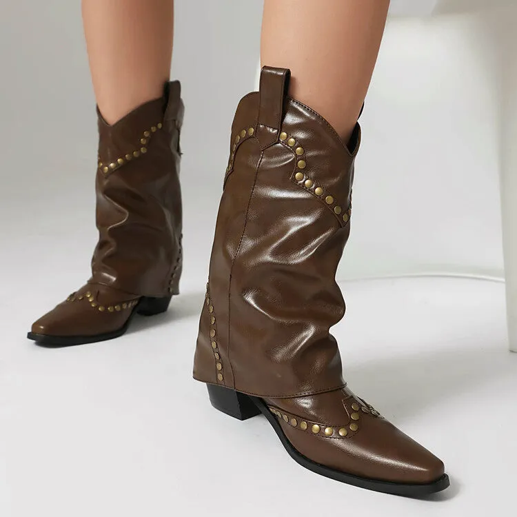 Women's Rivets Pointed Toe Block Heel Mid Calf Western Boots