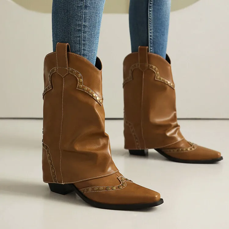 Women's Rivets Pointed Toe Block Heel Mid Calf Western Boots