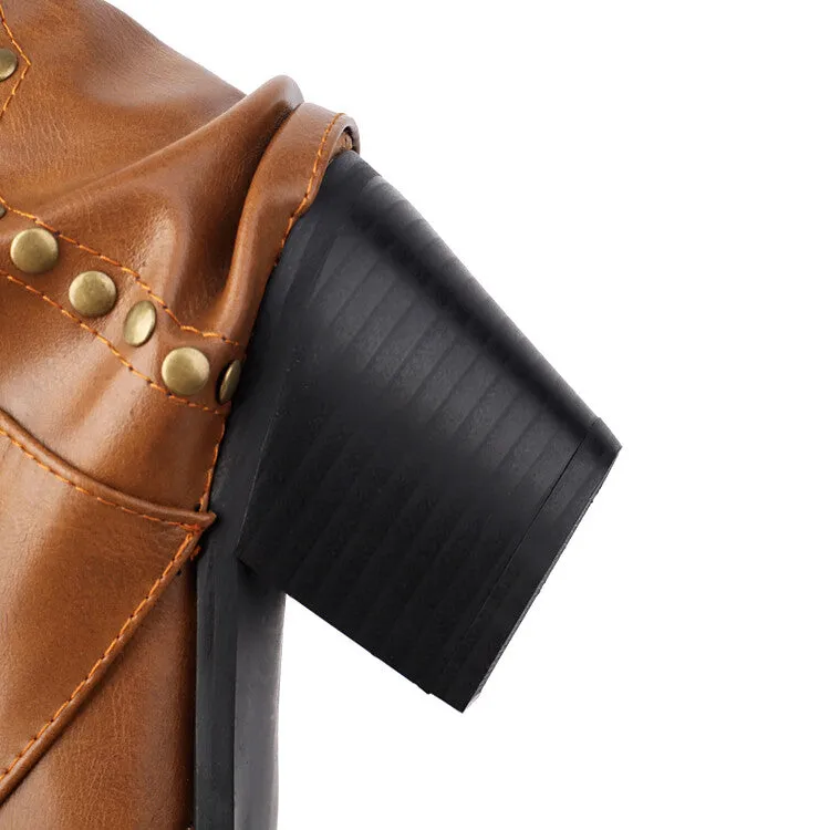 Women's Rivets Pointed Toe Block Heel Mid Calf Western Boots