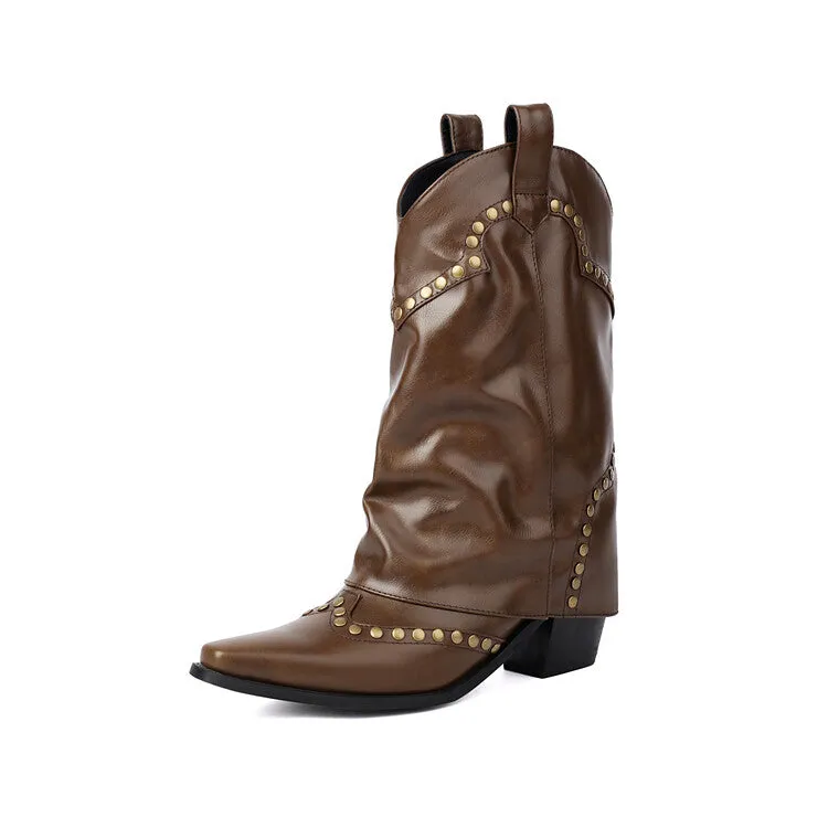 Women's Rivets Pointed Toe Block Heel Mid Calf Western Boots
