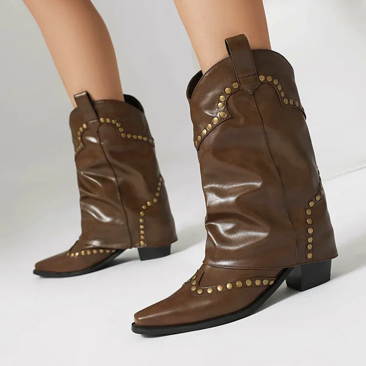 Women's Rivets Pointed Toe Block Heel Mid Calf Western Boots