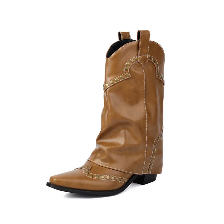 Women's Rivets Pointed Toe Block Heel Mid Calf Western Boots