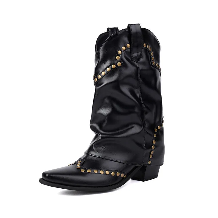 Women's Rivets Pointed Toe Block Heel Mid Calf Western Boots