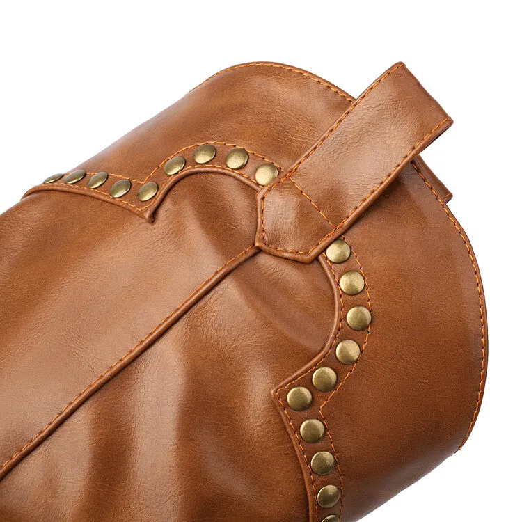Women's Rivets Pointed Toe Block Heel Mid Calf Western Boots