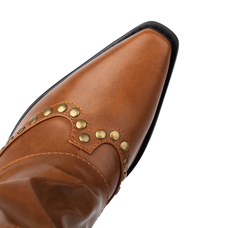 Women's Rivets Pointed Toe Block Heel Mid Calf Western Boots