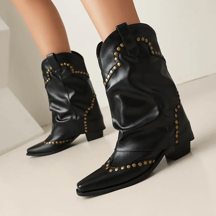 Women's Rivets Pointed Toe Block Heel Mid Calf Western Boots