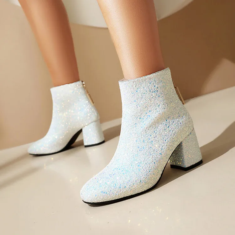 Women's Sequins Square Toe Block Heel Ankle Boots