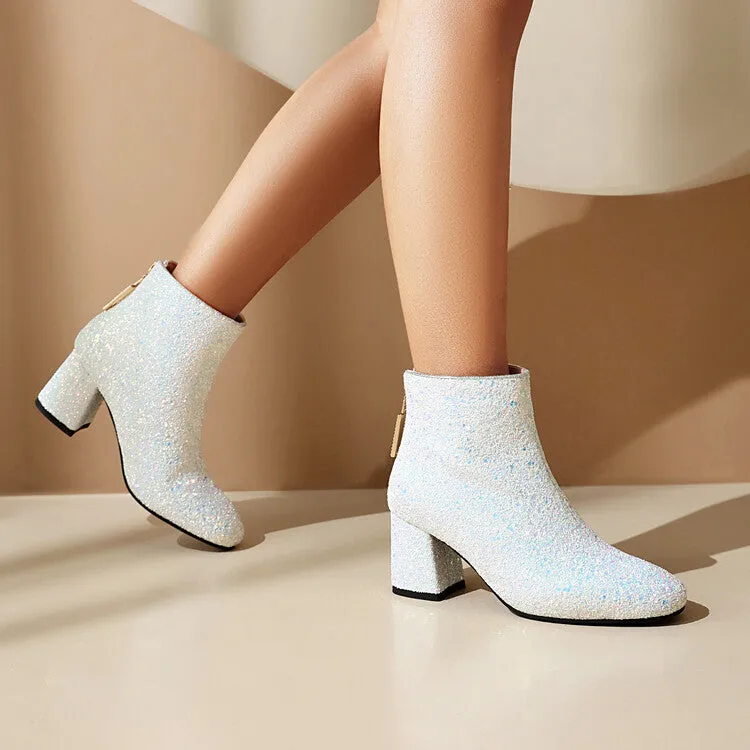 Women's Sequins Square Toe Block Heel Ankle Boots