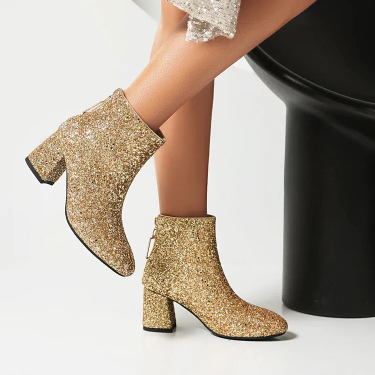Women's Sequins Square Toe Block Heel Ankle Boots